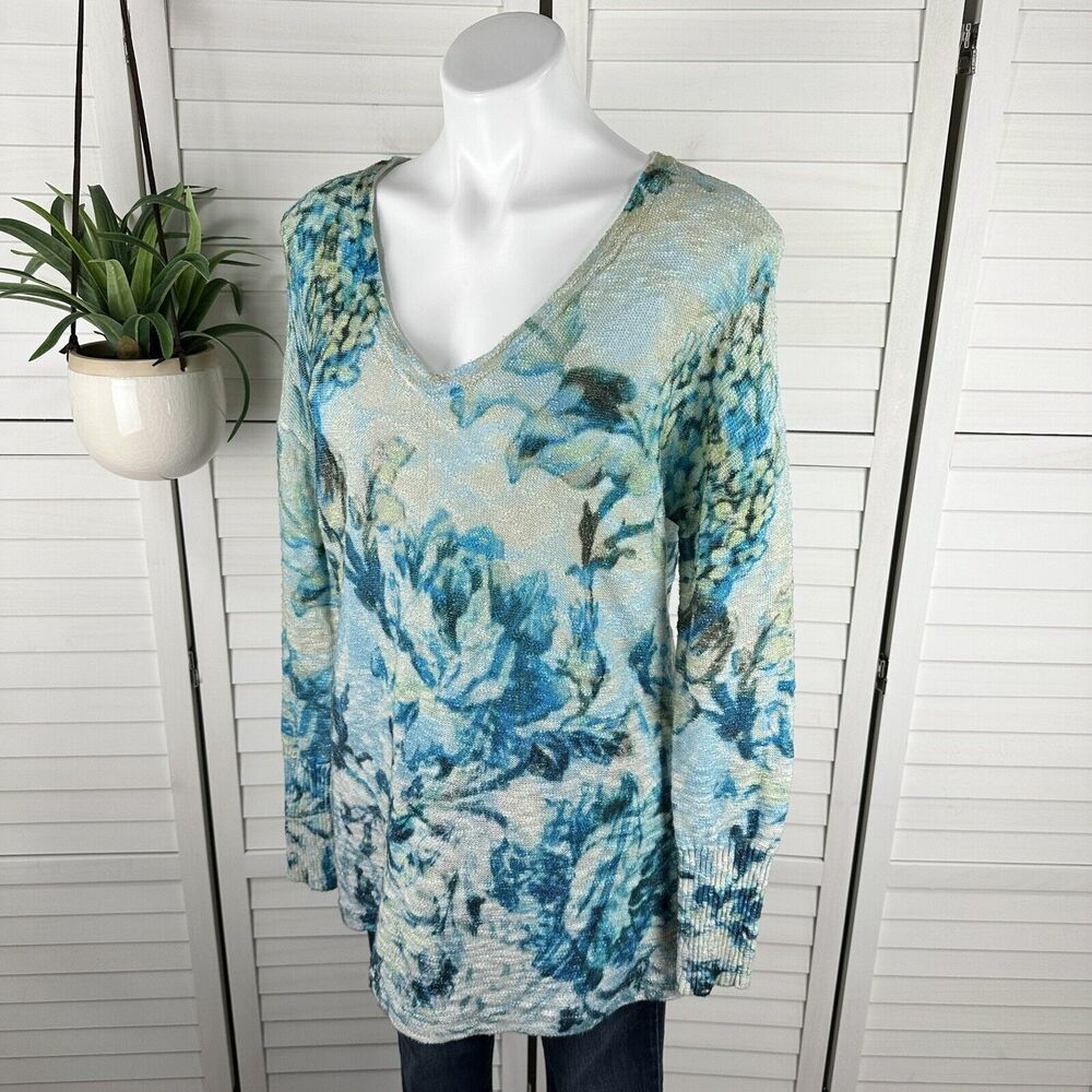 Soft Surroundings Kimi Sweater V Neck Blue Floral Knit Ribbed Cuff Size M
